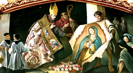 Juan Diego déplie son manteau pour montrer les fleurs à l’évêque